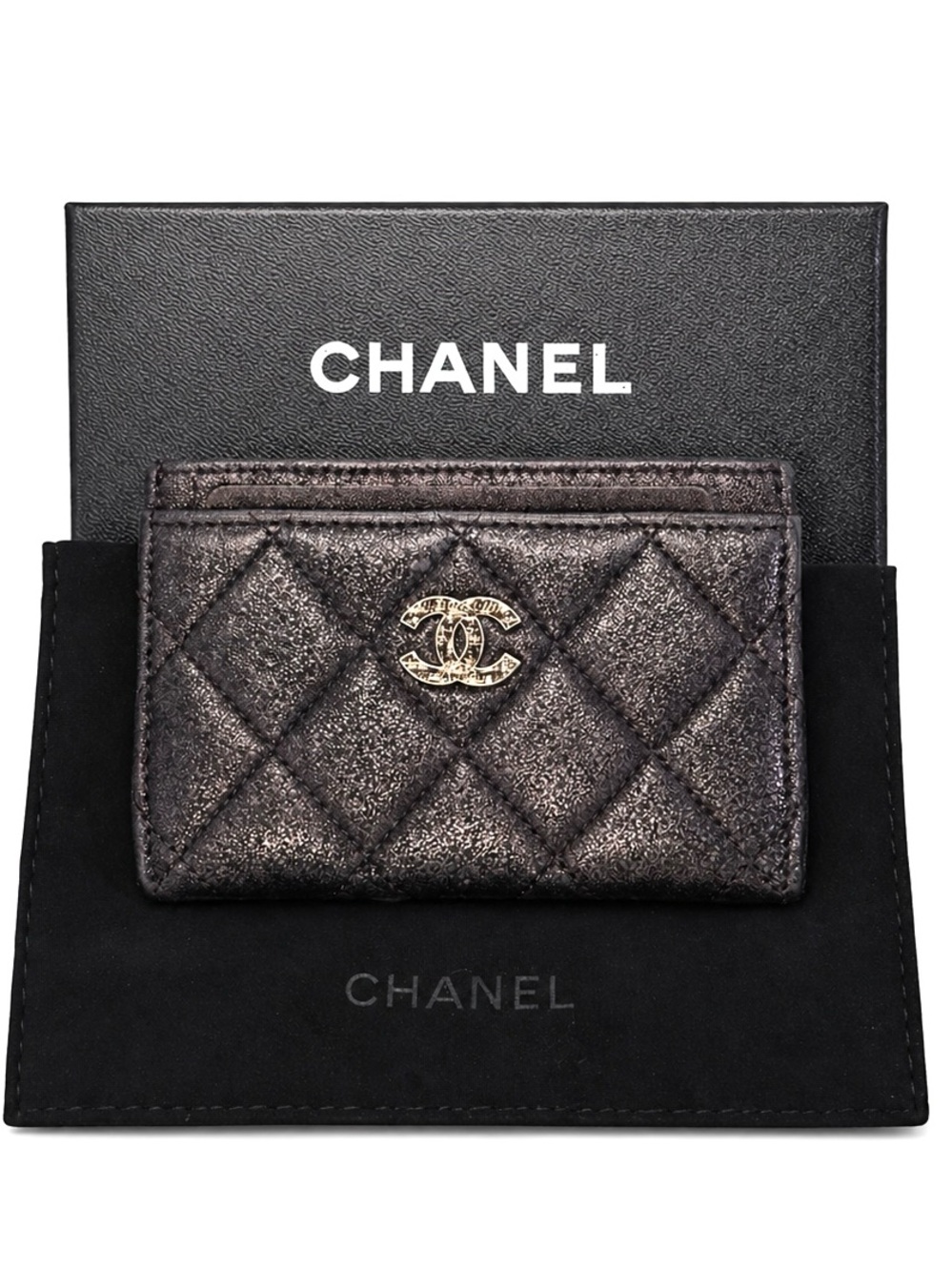 CHANEL Special Edition Metallic Gunmetal Quilted Card Holder FULL INCLUSION